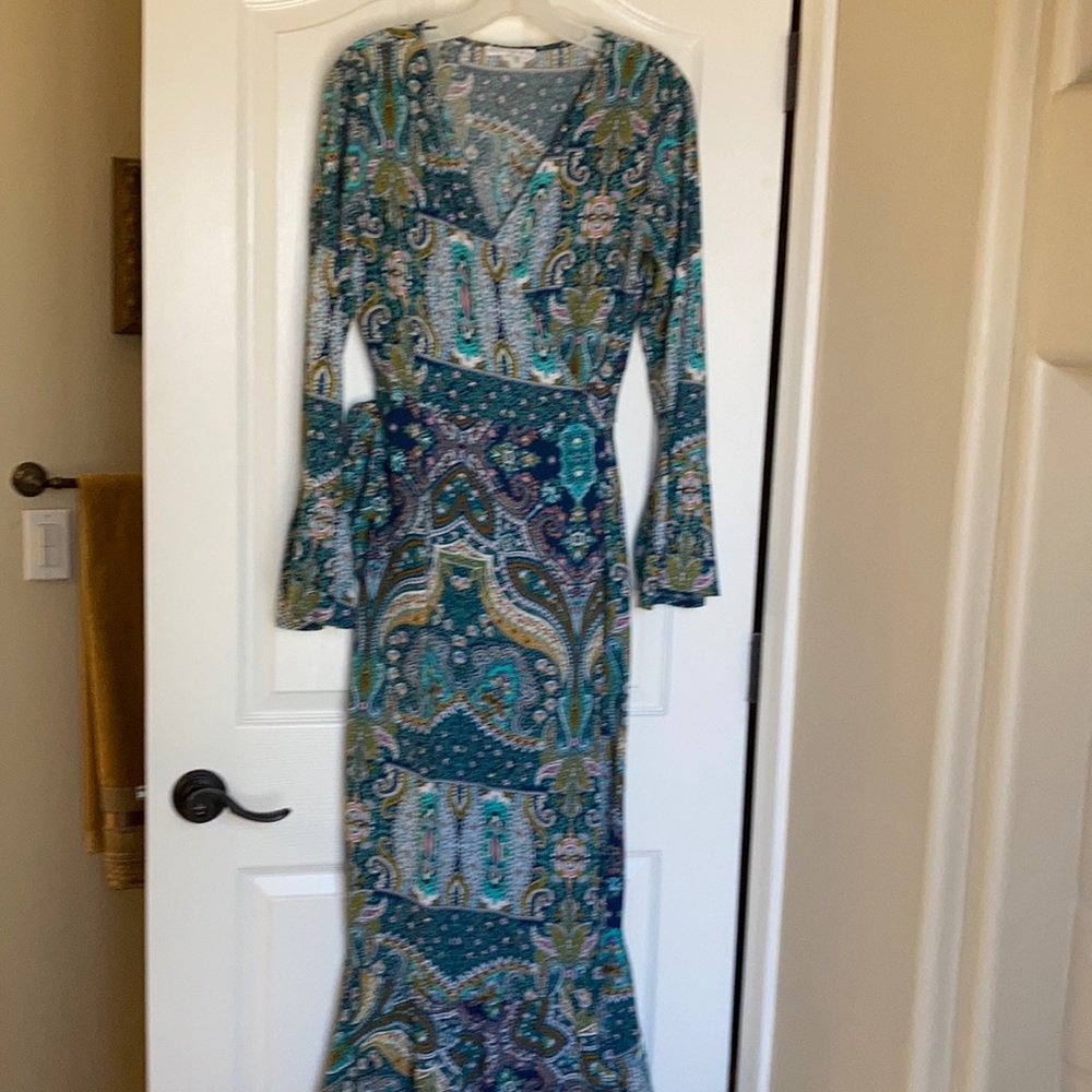 Blue/pink/yellow/white paisley wrap maxi dress.